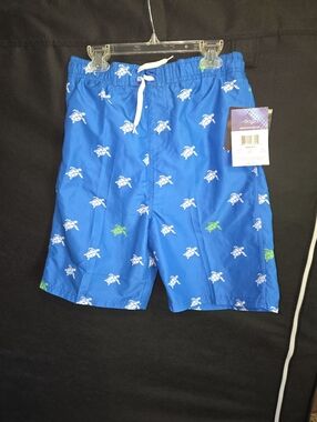 Kanu Surf Boys Blue Swim Trunks with White & Green Turtle Print
